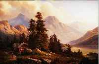 ENGELHARD, LANDSCHAFTSMALER DES 19. JH., HüTE AM GEBIRGSSEE, ÖL/LWD. (MIN. BESCH.), SIGN., 71 X 97 CM