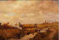 MELCHER, GUSTAV, *1898 DüSSELDORF, SCHUF IMPRESSIONISTISCHE SCHILDERUNGEN BäUERLICHEN LEBENS, HIER: BEI DER ERNTE, AM HORIZONT ...