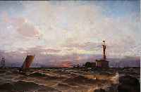 RICHARDSON, LOUIS H., *1853 - 1923, BRITISCHER MARINEMALER, HIER: SEGELBOOTE AM ABEND VOR DER KüSTE BEI EINER LEUCHTTURMINSEL,ÖL/LWD., ...