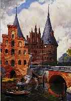 SCHULZE, HANS RUDOLF, *1870 BERLIN, BERLINER STäDTE- UND LANDSCHAFTSMALER, HIER: DAS HOLSTENTOR IN LüBECK, AQUARELL UND GOUACHE, ...