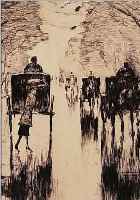 URY, LESSER, *1861 - 1931, BERLINER STRAS- SENSZENE MIT 5 PFERDEDROSCHKEN UND EINER DIE STRASSE üBERQUERENDEN DAME BEI REGENWETTER, RADIERUNG ...