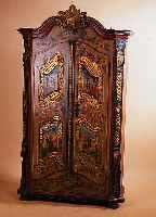 SCHRANK, WEICHHOLZ, 60ER JAHRE, NACH VORBILD DES 18. JH., BUNT BEMALT, 186 X 116 X 55 CM