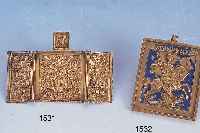 REISEIKONE, RUSSLAND, 2. HäLFTE 19. JH., BRONZE, RELIEFIERTE DARSTELLUNG DES HL. GEORG,RESTE BLAUER EMAILLIERUNG, CA. 6 X 5,5 CM
