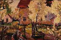 ZUSCHREIBUNG: WALTER PERRON, 1895-1972, FRAU BEI DER GARTENARBEIT, ENTSTANDEN WOHL UM 1915-20, ÖL/MALKARTON, UNSIGNIERT, CA. 30 X 40 CM, ...
