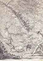 RIDINGER, JOH. ELIAS, KUPFERSTICH, JäGER MIT JAGDHUND VOR EINEM HIRSCH, WASSERFLECKIG UND GEBRäUNT, CA. 30 X 24,5 CM, PP, U.GL., ...