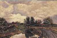 UNBEKANNTER MALER, MüNCHNER SCHULE, UM 1880-90, LANDSCHAFT MIT GEHöFTEN UND BACHLAUF, ÖL/LWD, UNSIGN., CA. 31,5 X 45 CM,R.