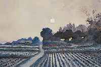 YUNOYIN, S., JAPANISCHER KüNSTLER, UM 1900-10, JAPANISCHE LANDSCHAFT MIT HüTTEN UND FELDERN IM MONDSCHEIN, GOUACHE AUF ...