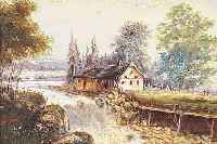 UNBEKANNTER MALER, DEUTSCH, UM 1900, LANDSCHAFT MIT GEHöFT AM BACHLAUF, ÖL/HOLZ, LI. U. UNLESERLICH SIGNIERT, DURCH RAHMEN VER-DECKT, CA. ...