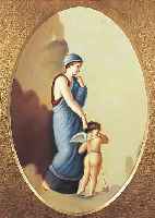 UNBEKANNTER MALER AUS DER ZEIT UM 1840-50, FRAU UND AMOR, GOUACHE AUF PAPIER, UNSIGNIERT,OVALER BILDAUSSCHNITT, CA. 29 X 19 CM, PP, U. GL., R.