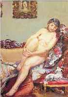 FRANZöSISCHER KüNSTLER, UM 1920, NACKTE JUNGE FRAU AUF EINEM SOFA, DAVOR EIN HüNDCHEN,ÖL/HOLZ, UNSIGN., VERSO SCHWER LESBAR BEZ., 38 X 26 ...