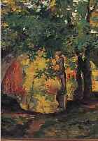 UNBEK. IMPRESSIONIST ANFANG 20. JH., HERBSTLICHER PARK MIT ALTER STEINBRüCKE UND JüNGLINGSSKULPTUR AUF EINEM SOCKEL, ÖL/LWD., UNSIGN., ...