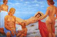 UNBEKANNTER MALER, DEUTSCH, UM 1935, BADENDE AM UFER, ÖL/LWD, RE. U. UNLESERLICH SIGNIERT, CA. 78 X 99 CM