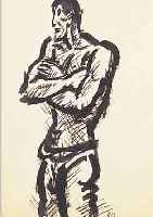 MASEREEL, FRANS, 1889-1972, STEHENDER MANN, TUSCHE AUF GEBRäUNTEM PAPIER, RE. U. MONOGR. UND DAT. 1948, LEICHT EINGE- RISSEN, CA. ...