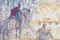 STEIGERWALDT, E., *1900 - 1950, MITTELALTERLICHE FIGUREN VOR BRENNENDER STADT,AQUARELL AUF PAPIER, RE. U. MONOGR., CA. 34 X 47,5 ...