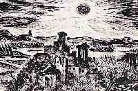 MASEREEL, FRANS, 1889-1972, SOUVENIR D'ORGON, SONNENAUFGANG üBER STADT, TUSCHEZEICHNUNG AUF PAPIER, LI. U. MONOGR. UND ...