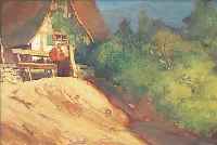 GROH, AUGUST, GEB. 1871 NECKARSTEINACH, WAR TäTIG IN KARLSRUHE, HIER: LANDSCHAFT MIT GEBIRGSHüTTE, ÖL/LWD, AUF HOLZ AUFGEZOGEN, CA. 82 X ...