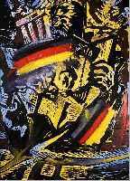 IMMENDORFF, JöRG, PROF., GEB. 1945, HEULER, MIT ACRYL üBERMALTER LINOLSCHNITT AUS CAFé DEUTSCHLAND, RE. O. SIGN. UND DAT. 88, CA. ...