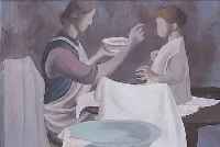 KARRMANN, RUDOLF, *1907 KARLSRUHE, MUTTER MIT KIND IN DER STUBE, GOUACHE AUF PAPIER, UNSIGNIERT, AUS DEM NACHLAß DES KüNSTLERS ...
