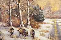 UNBEKANNTER MALER, WOHL DEUTSCH, 1. HäLFTE 20. JH., WILDSCHWEINE IN ABEND- LICHER WINTERLANDSCHAFT AM BACHLAUF, ÖL/LWD, RE. U. ...