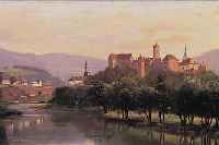 UNBEKANNTER MALER, DEUTSCH, UM 1920, STADTANSICHT MIT BURGANLAGE AM FLUSS, ÖL/LWD, UNSIGN., CA. 35 X 64 CM, R.