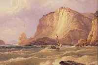 COMPTON, EDUARD THEODORE, 1849 LONDON-1921 FELDAFING, SEGELBOOT AUF BEWEGTER SEE VOR FELSIGER KüSTE, AQUARELL AUF PAPIER, ...
