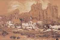 HöFER, JOH., KüNSTLER UM 1850, BAUER MIT HEUWAGEN VOR SCHLOSS HERREFONDS (OISE), BLEI UND AQU. AUF BRAUNEM PAPIER, SIGN., BETITELT U. DAT. ...
