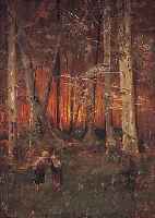 LANG, ALBERT, 1847 KARLSRUHE-1933 MüNCHEN, ZWEI KINDER AUF EINER ABENDLICHEN WALDLICHTUNGÖL/LWD, AUF HOLZ AUFGEZOGEN, RE. U. SIGN. UND DAT. 1871, ...