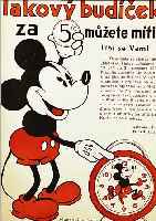 HäNGEPLAKAT, TSCHECHOSLOWAKEI/PRAG 1936, GEWINNSPIEL UM EINEN MICKEY-MOUSE-WECKER, MICKEY MIT DüNNEN ÄRMCHEN, AUGEN MIT SEGMENT- ...