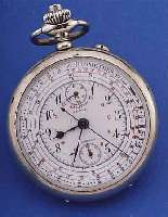 J.AURICOSTE/AURAL TASCHENCHRONOGRAPH, SCHWEIZ UM 1930, NICKEL, EMAILBL. REP. IM ZEN-TRUM, 30-MIN.-STOPPZäHLER, INNEN ROT 13-24, WERK VERG., ...