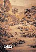 SEIDESEIDENMALEREI, CHINA, UM 1900, DARSTELLUNG EINES FLUSSTALS MIT PAGODEN UND PERSONENSTAFFAGE, IM HINTERGRUND DER FUJI, QUALITÄTVOLLE ...