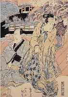 JAP. HOLZSCHNITT VON TOYOKUNI, UM 1830/35, HöFISCHE SZENEN IM GARTEN, CA. 37 X 24 CM, PP, U.GL., R.