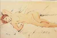 MEINIER, SUSANNE, UM 1930, LIEGENDER WEIB- LICHER AKT, FARBLITHOGRAPHIE, RE. U. SIGN., CA. 29.5 X 64 CM, PP, R.