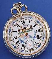 BUCHERER/AEROWATCH HERRENTASCHENUHR, REF.- NR. 1004, MESSING VERN., ALPENLäNDISCHE DARST. GRAV. AUF GEH.-BODEN U. AUFGEDR. AUF EMAILF. ...