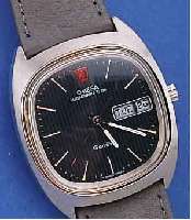 OMEGA HERRENARMBANDUHR MEGAQUARTZ GENEVE, REF.-NR. 1960038, SCHWEIZ UM 1974, EDELST., BODEN GESCHR., KAL. 1330, HERAUSGEGEBEN 1973, LEDERB. M. ...