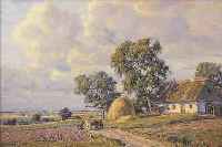 BROGE, ALFRED, *1870 KOPENHAGEN - 1955, DäNISCHER LANDSCHAFTSMALER, HIER: WEITE FELD- LANDSCHAFT MIT GEHöFT UND BAUERN UND ESELS- KARREN, ...