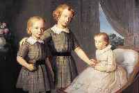 UNBEKANNTER MALER, DEUTSCH, DATIERT 1848, ZWEI KNABEN VOR DER WIEGE DES JüNGSTEN KINDES,ÖL/LWD., FEINE LASIERENDE MALEREI, ALTERS- BEDINGT ...