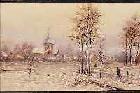 PREVENIER, C., LANDSCHAFTSMALER ANFANG 20. JH., WINTERLICHES DORF MIT BAUERNHäUSERN, KIRCHE UND JäGER AUF DEM WEG, ÖL/LWD., SIGN. U. DAT. ...