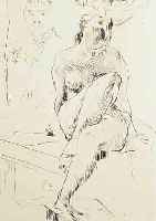 CORINTH, LOVIS, 1858 TAPIAU-1925 ZANDVOORT, RADIERUNG, AUF DEM TISCH SITZENDER WEIBLICHER AKT, IM HINTERGRUND DER MALER, RE. U. HAND- SIGN., BEZ.: ...