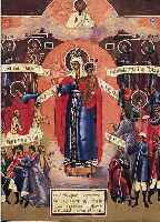 IKONE, RUSSLAND, UM 1900/10, NACH VORBILD DES 16. JH., DARST. DER NATIONALHEILIGEN, IN DER MITTE DIE HEILIGE MUTTER GOTTES, REST.,CA. 31 X ...