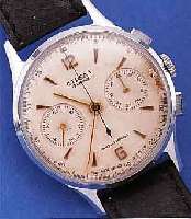 STRELLA ARMBANDCHRONOGRAPH, SOWJETUNION UM 1955, METALL VERCHR., EDELST.-BODEN U. GLASR. GEDR., 45-MIN.-STOPPZäHLER, 19 ST., HANDAUFZUGKAL. 3017 ...