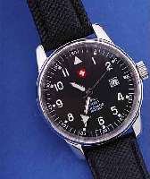 MILITäRARMBANDUHR AUTOMATIK, REF.-NR. 654, SCHWEIZ UM 1998, EDELST. POL., BODEN U. KRONE GESCHR., BEI FERTIGST. WASSERD. BIS 50 ...