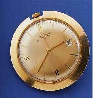 GLASHÜTTE TASCHENUHR, DEUTSCHLAND UM 1965, METALL M. ROSE-G.-AUFL., BODEN GEDR. (BüGEL ENTN.), RUNDANKERW., 17 ST., KAL. 69,1, RING- UNR., ...