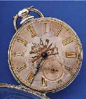 HERRENTASCHENUHR, REF.-NR. 86263, SCHWEIZ/ ENGLAND UM 1870, SILBER, BER., SILBERZIFFER- BL. M. AUFGES. GOLD-STD.-ZEICHEN, IM ZENTRUM ...