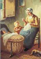 LEEUWEN, HENDRIK VAN, *1890 - 1962, NIEDERLäNDISCHER GENREMALER IN TRADITIONELLER MANIER, HIER: JUNGE NäHENDE FRAU MIT KIND IN DER ...