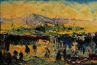 YAGHOUBI, GREGOR, ARMENISCHER MALER, STADTANSICHT MIT MOSCHEE AM BERG ARARAT, ÖL UND ACRYL AUF LWD, CA. 49 X 99 CM, R. PASTOSER ...