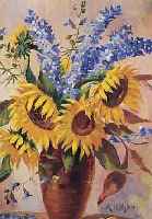 RICHTER, K., 1. HäLFTE 20. JH., SONNEN- BLUMEN UND RITTERSPORN IN EINER TONVASE, ÖL/LWD., SIGN., 62 X 48 CM