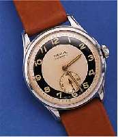REVUE HERRENARMBANDUHR HAMMERAUTOMATIK, REF.-NR. 336391, SCHWEIZ UM 1950, EDELST., BODEN GESCHR., AUßER LEDERB. ORIG.-ZUSTAND, 19 ST., KAL. 80, ...