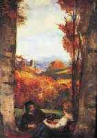 UNBEK. KüNSTLER 19./20. JH., WOHL NACH VORBILD BöCKLINS, PäRCHEN VOR ROMANTISCHER LANDSCHAFT, ÖL/LWD./HOLZ (REST.), UNSIGN., 63 X 55 ...