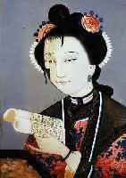 HINTERGLASMALEREI, CHINA, UM 1850, DARST. EINER FRAU MIT AUFGESCHLAGENEM BUCH, U. GL. GER., MIT WASSERSCHADEN VOR- WIEGEND AN ...