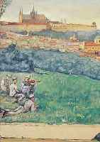 TRIER, HANS, GEB. 1877, RASTENDE UND MUSIZIERENDE SOLDATEN VOR DER STADT, HANDSIGNIERT, MIT WIDMUNG, DATIERT 1917AQUARELL AUF ...
